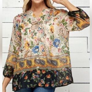 Fig & Flower Top Womens Large Yellow Beige Blue Floral Art Elegant Career Party